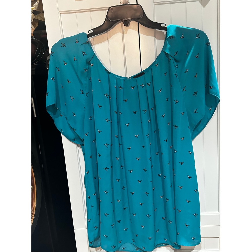 Worthington Woman Teal Hummingbird Print Blouse Short Sleeve Pleated Top 2X